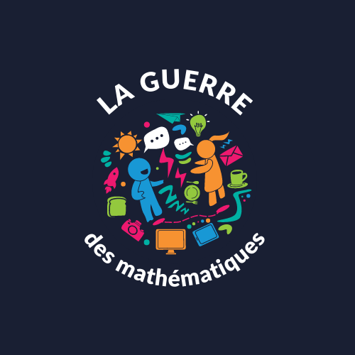 Dark blue background with La guerre des mathématiques written curved around an image of students and educational icons 