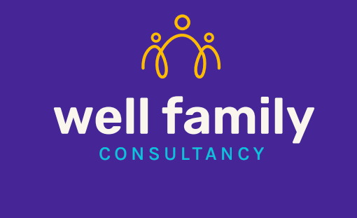 purple background with yellow writing saying Well Family